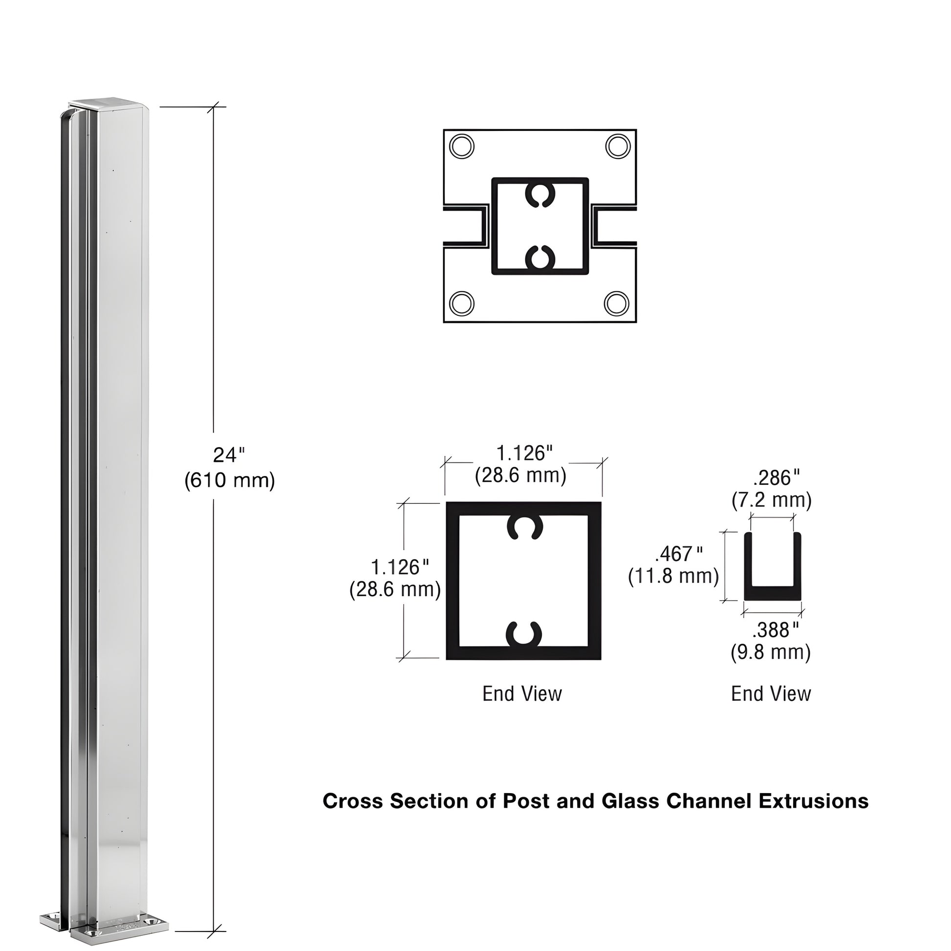 CRL Design Series D990BA24C bright anodized aluminum 24 in square center partition post with U channel glazing.