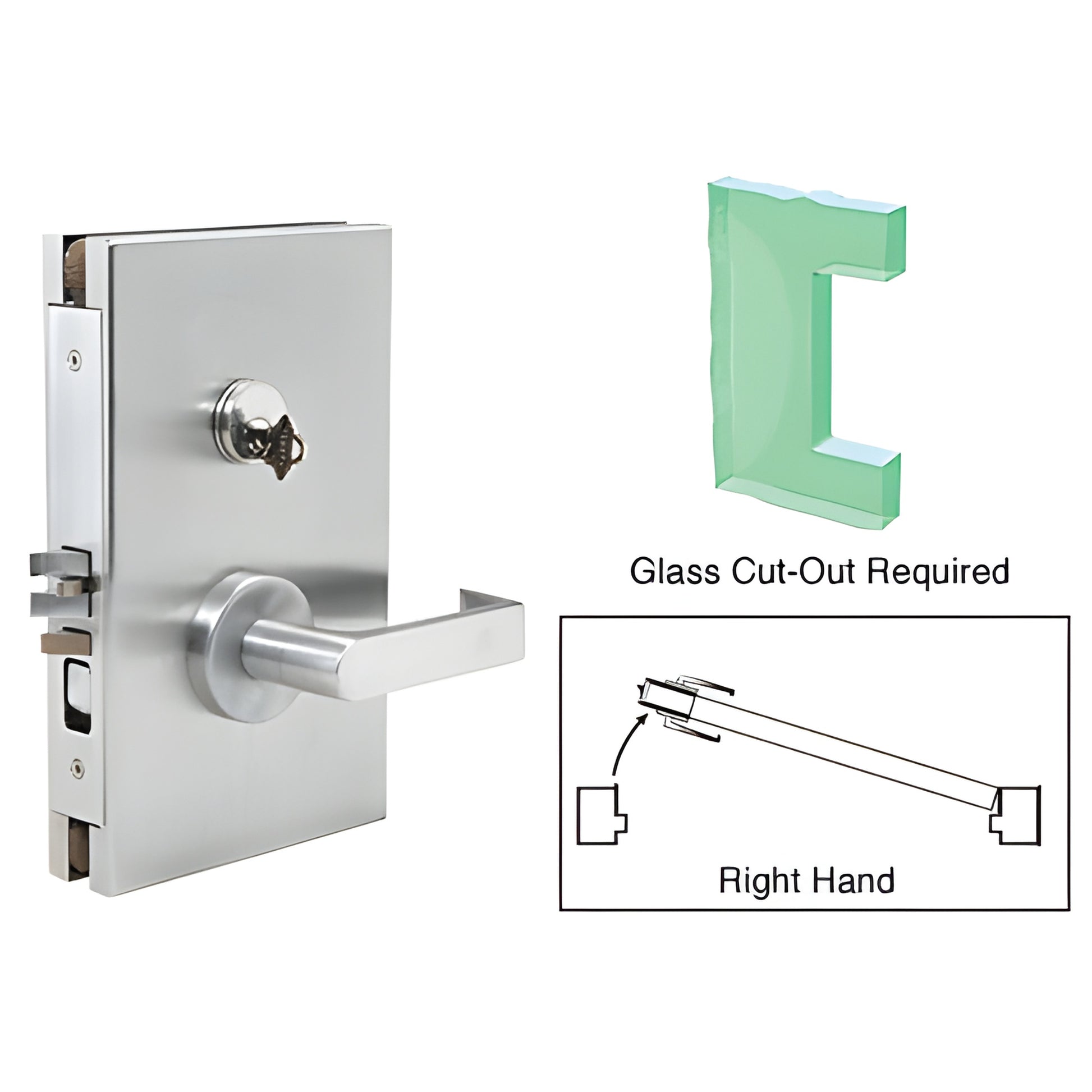 Satin anodized 6x10 glass door center lock with lever and key for 1/2" tempered glass (DL610R0SC)