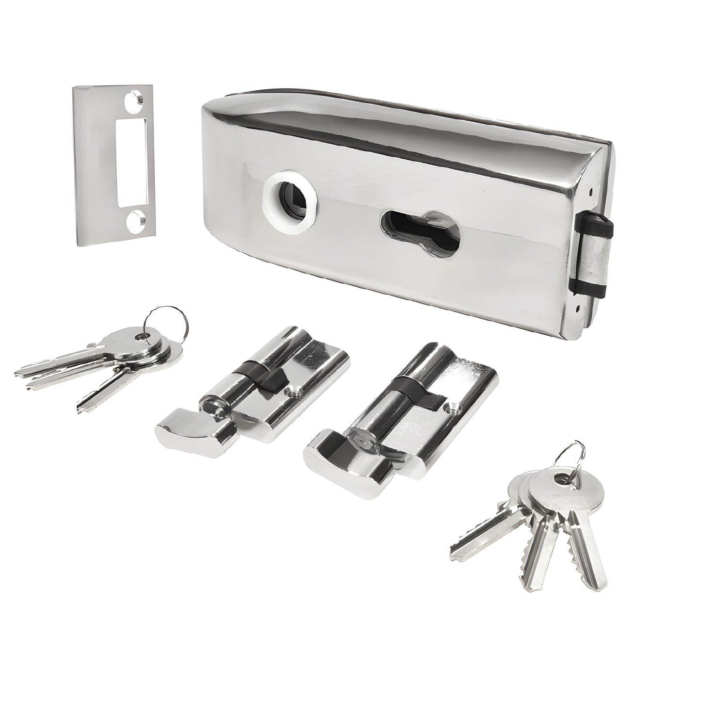 PTH311PS polished stainless steel glass-mounted latch kit with cylinders, thumbturns, keys
