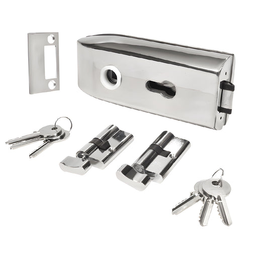 PTH311PS polished stainless steel glass-mounted latch kit with cylinders, thumbturns, keys