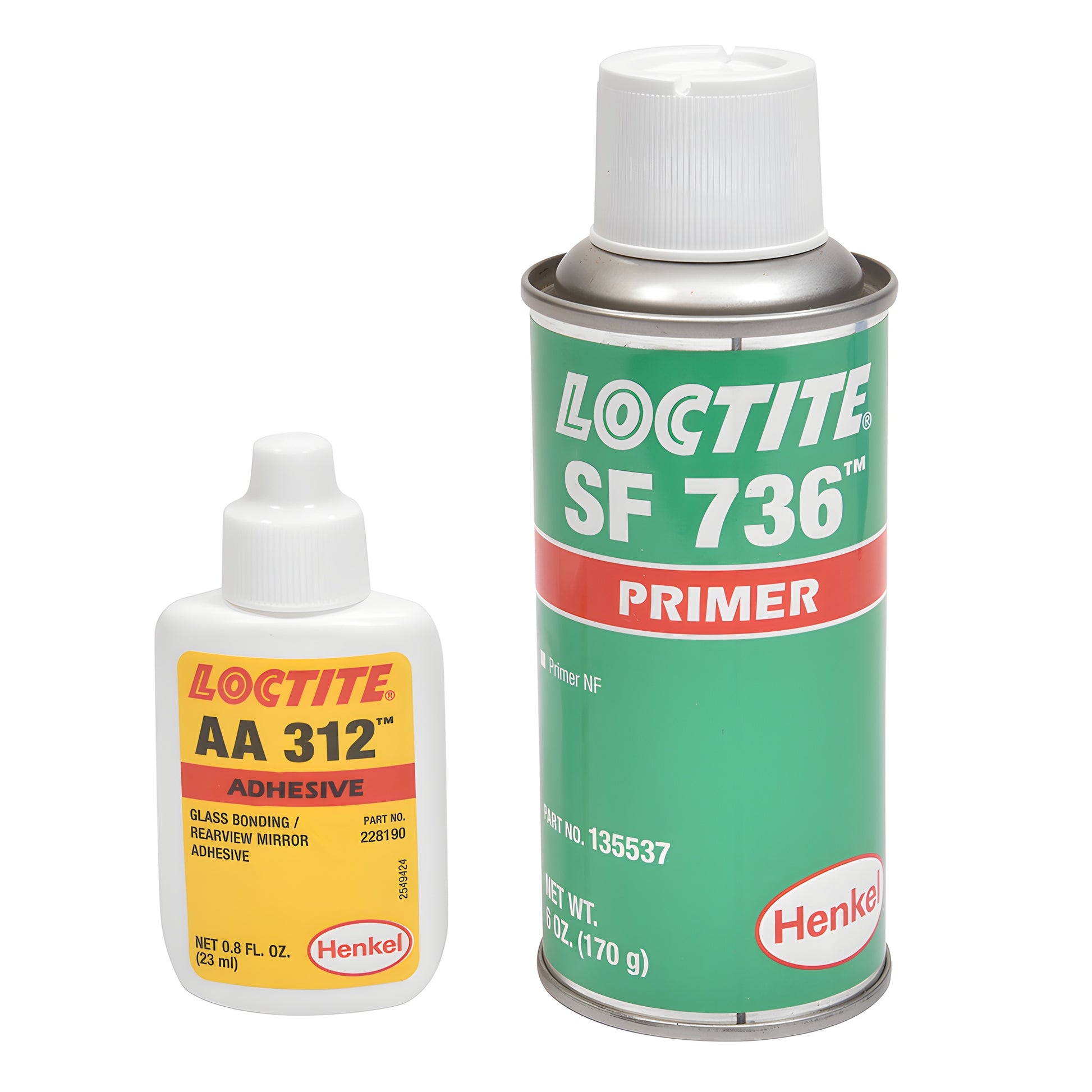 Loctite kit (SKU 3325): AA 312 adhesive bottle and SF 736 primer aerosol can for glass-to-metal bonding.
