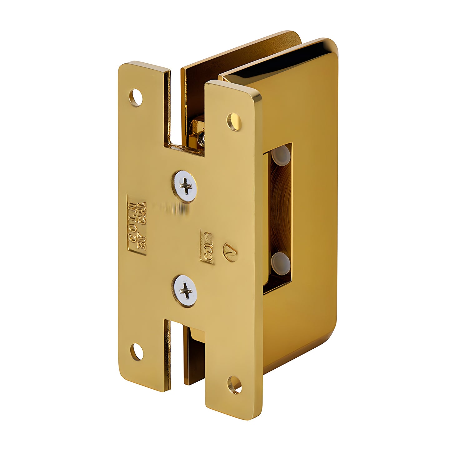 Polished brass Cologne shower hinge (SKU C0L037BR), beveled H back plate, for 10-12mm glass, self-centering.