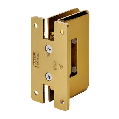 Polished brass Cologne shower hinge (SKU C0L037BR), beveled H back plate, for 10-12mm glass, self-centering.
