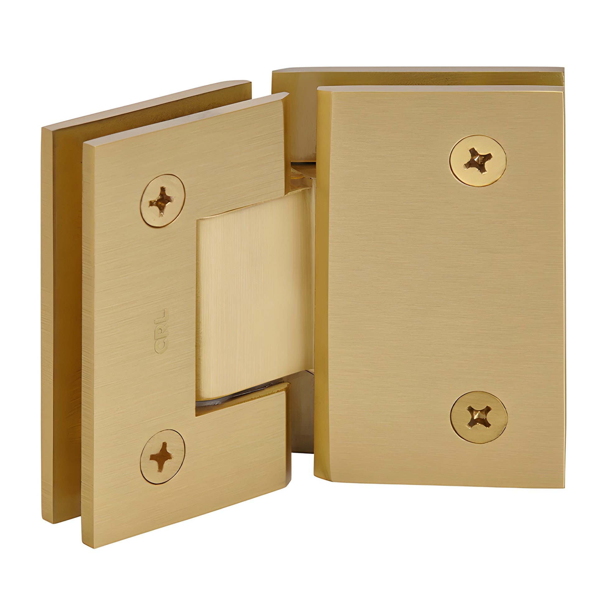 Satin brass square glass-to-glass shower hinge, self-centering Geneva series (fits 8-12mm glass)