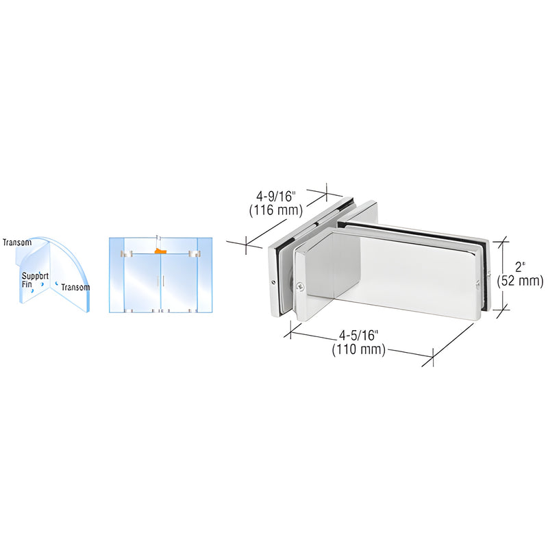 PH71PS polished stainless steel transom-mounted patch connector with support fin for 3/8-1/2 in tempered glass.