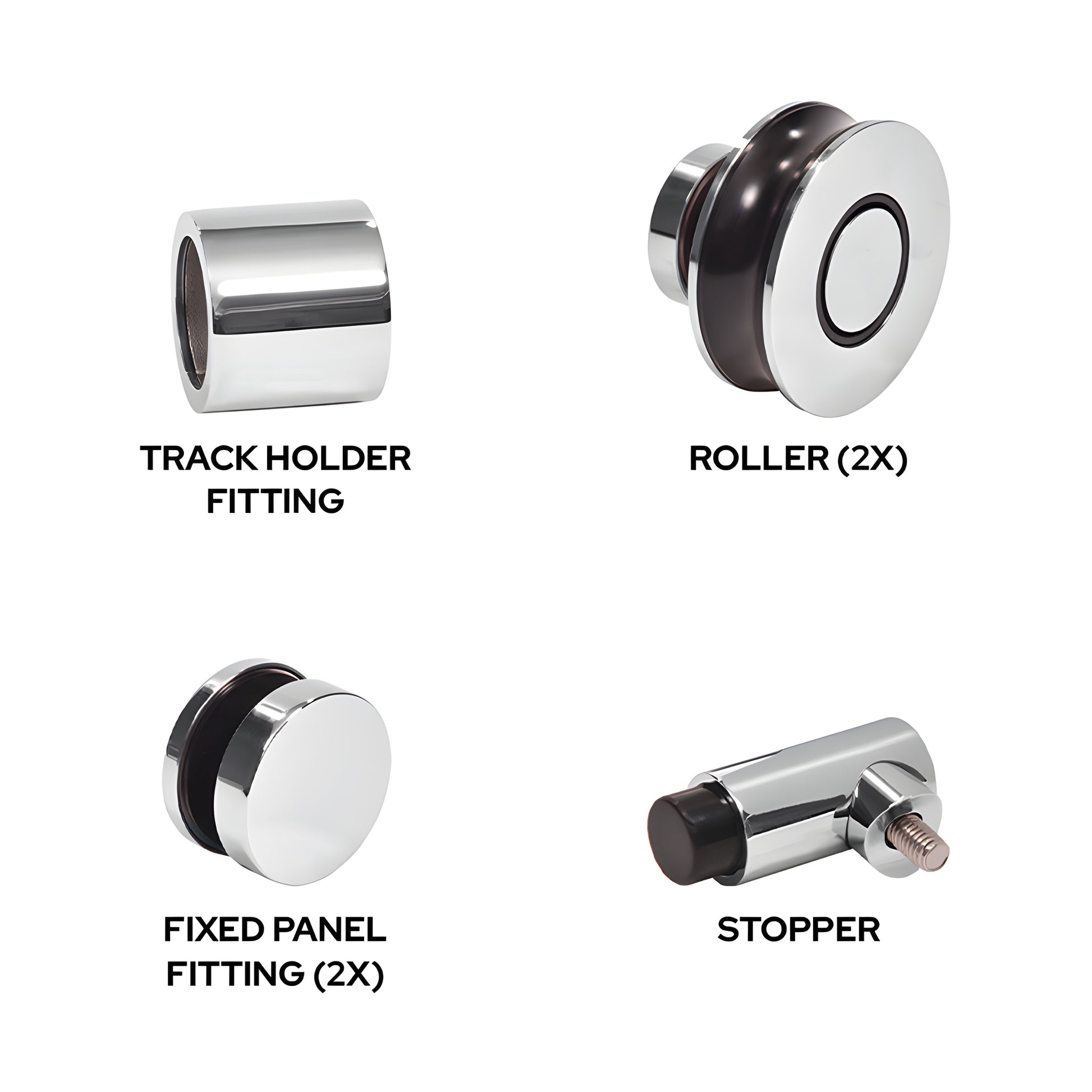 Colonia 180 sliding shower door replacement kit, polished stainless steel rollers, fixed fittings, wall bracket and stopper.