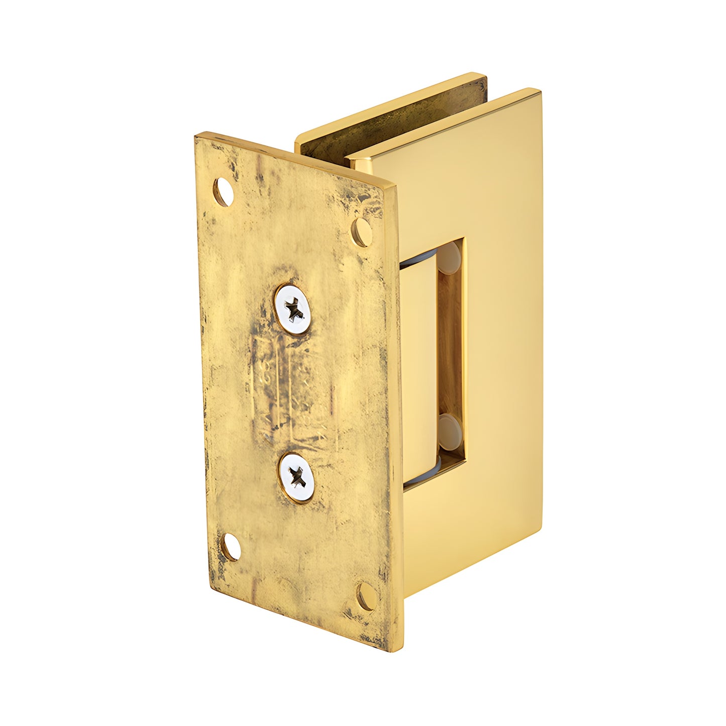 Unlacquered brass Vienna adjustable shower door hinge (SKU V1E337ULBR) for 3/8-1/2" glass, wall mount, squared design.
