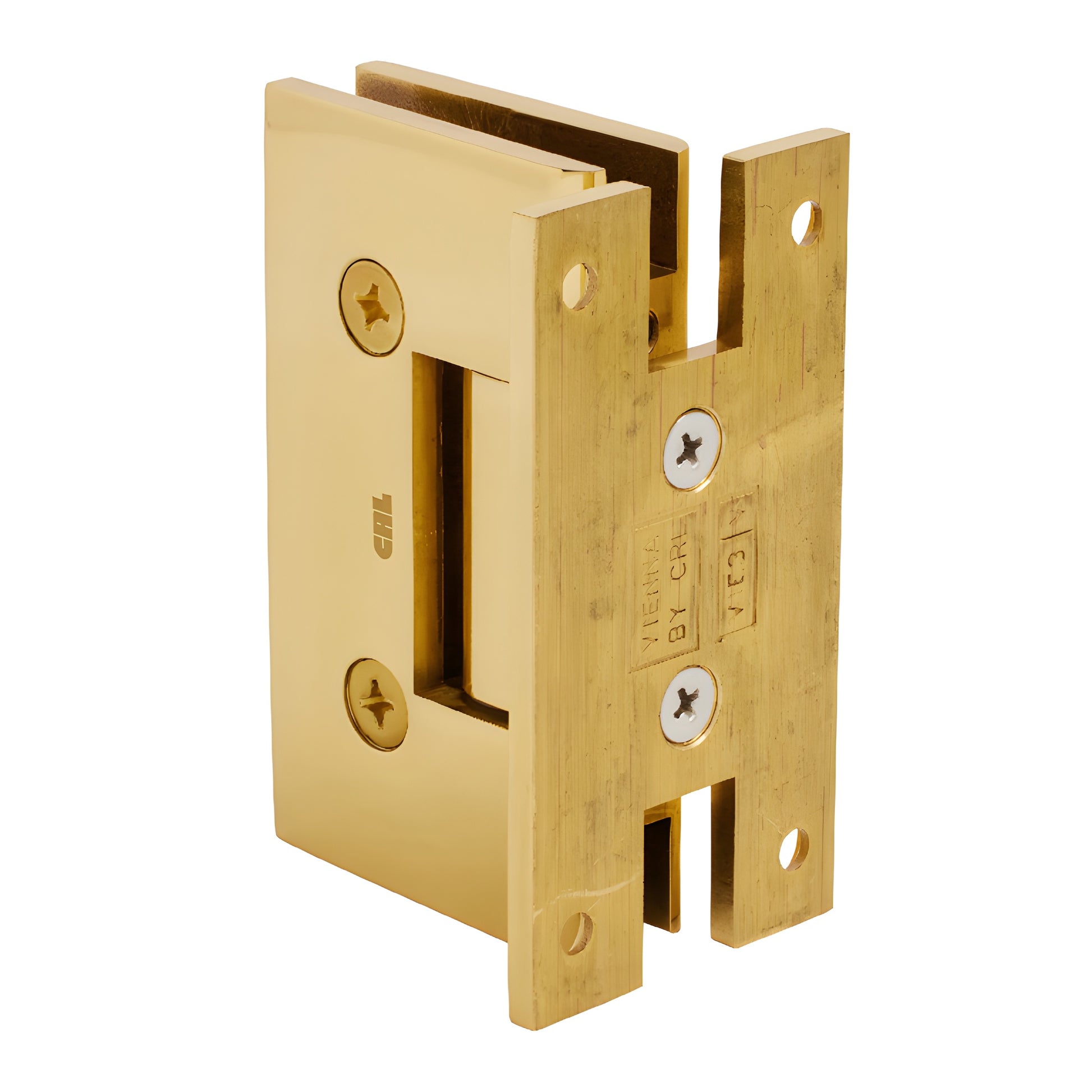 Polished brass Vienna H-shaped wall-mount hinge for frameless glass shower door, SKU V1EH037BR