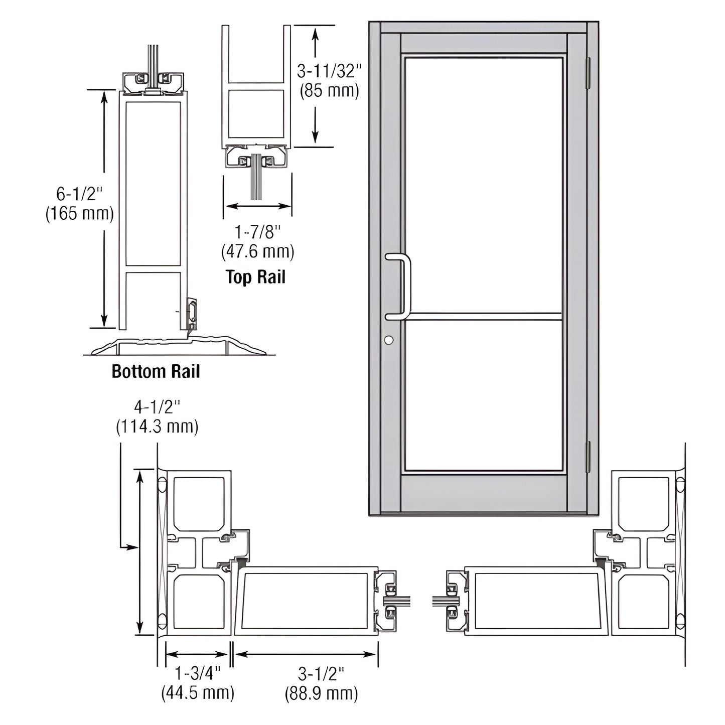 DC81511: Clear anodized Durafront MS commercial entrance door with 3-1/2" stiles, 6-1/2" bottom rail, push/pull hardware.