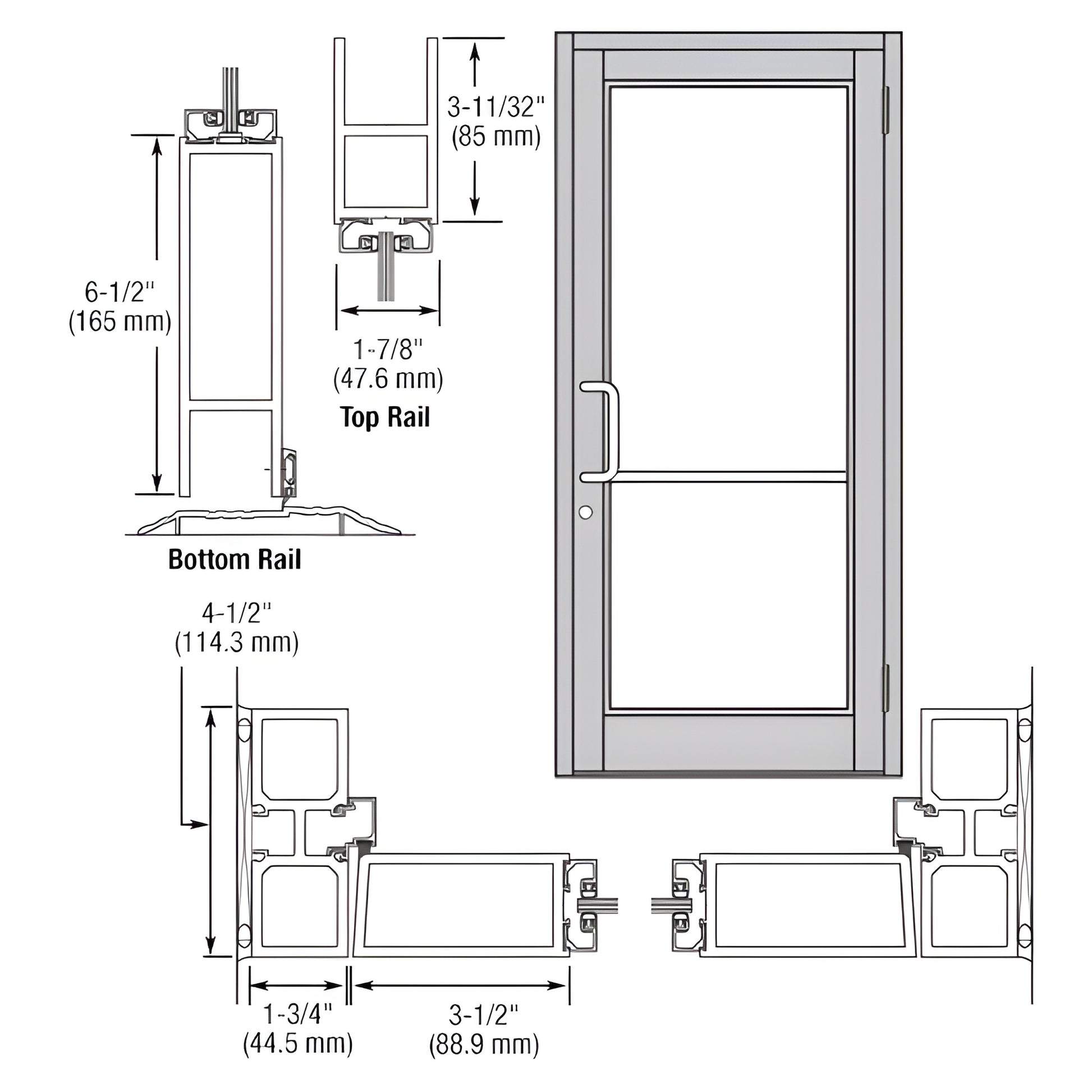 DC81511: Clear anodized Durafront MS commercial entrance door with 3-1/2" stiles, 6-1/2" bottom rail, push/pull hardware.