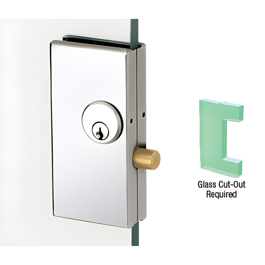 DT36PS polished stainless steel low-profile center lock for tempered glass doors, 2-3/4 x 5-5/8 in with brass bolt.