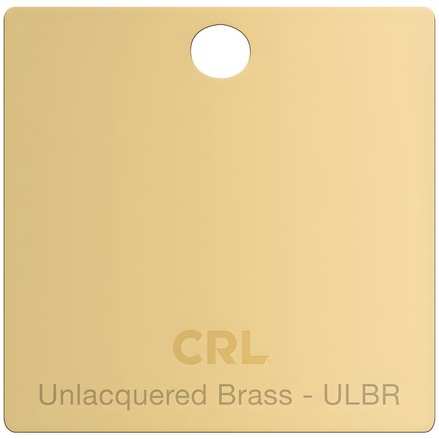 Unlacquered brass hinge finish sample chip SKU CH2PULBR - square tag with top hole and CRL logo.