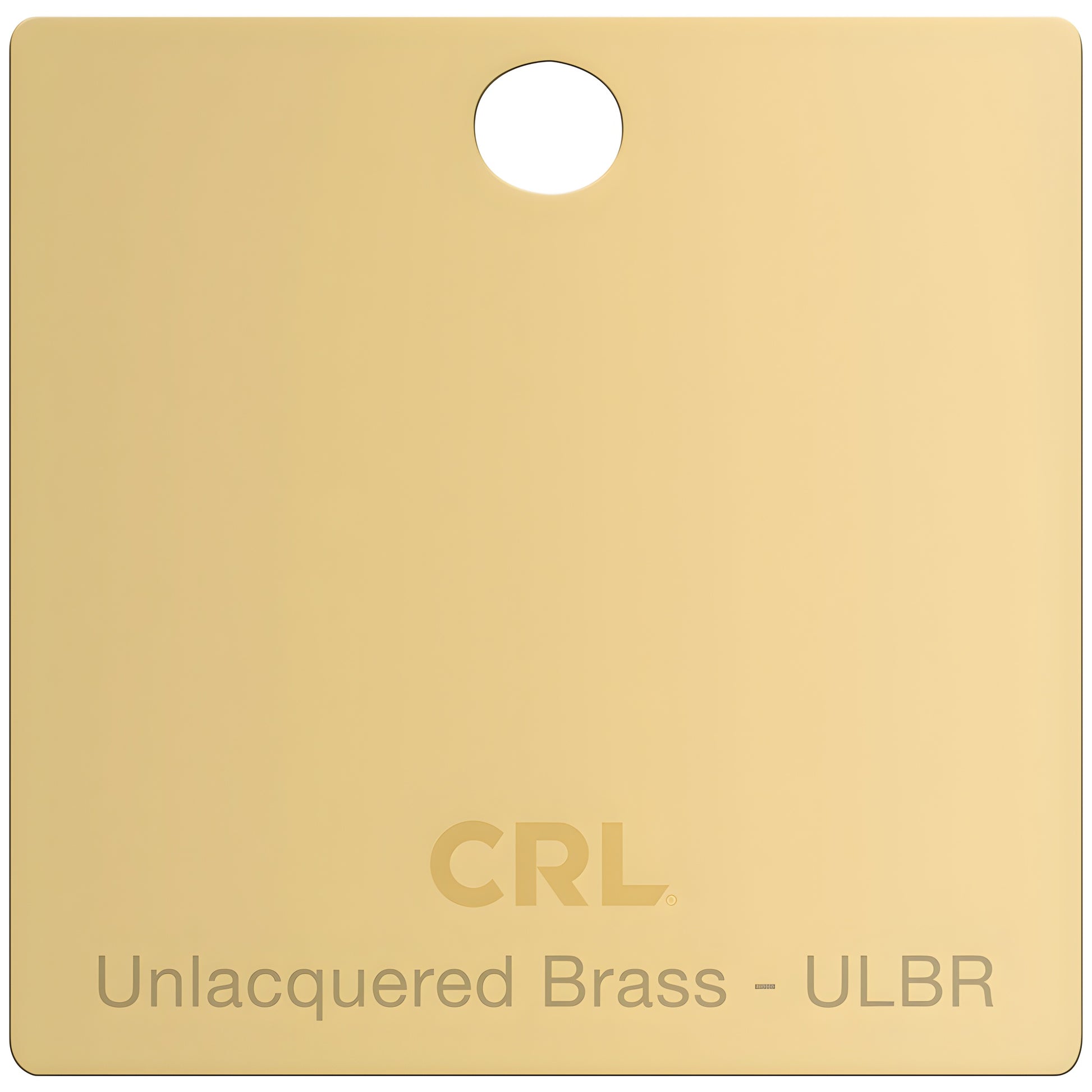 Unlacquered brass hinge finish sample chip SKU CH2PULBR - square tag with top hole and CRL logo.