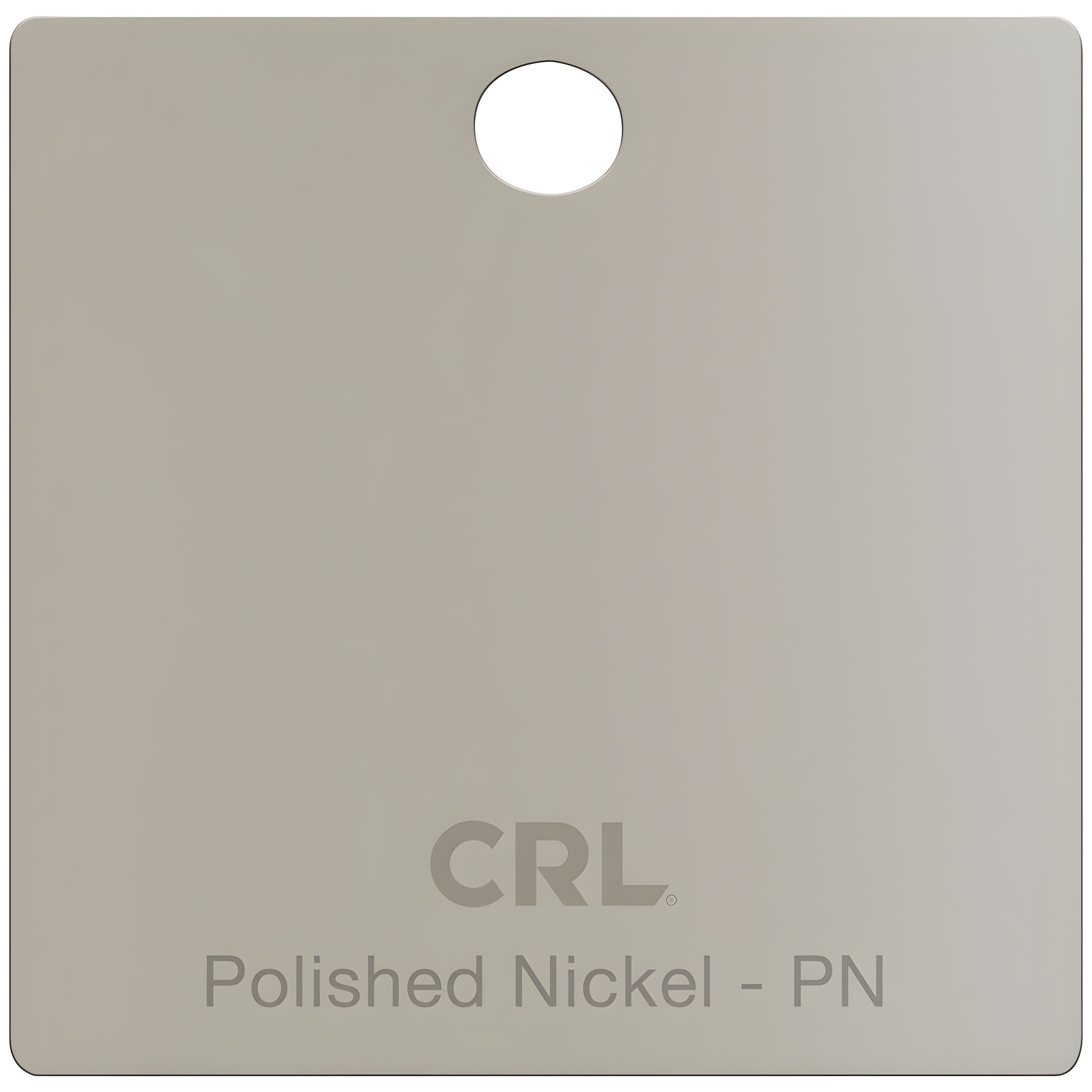 Polished Nickel finish sample chip (SKU CH2PPN) brass shower hardware color swatch with CRL logo and hanging hole.