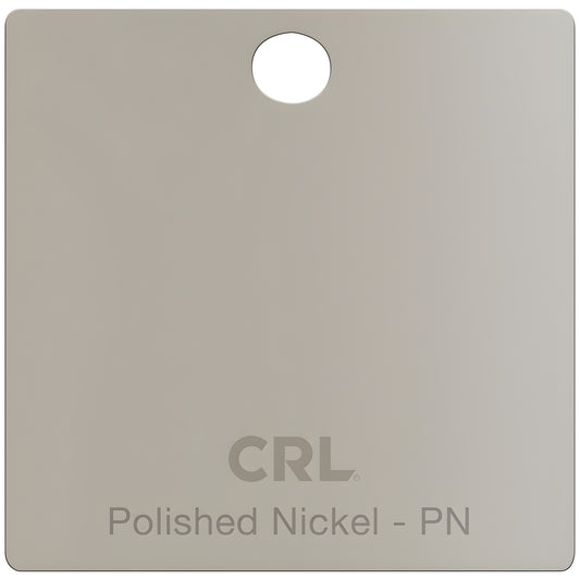 Polished Nickel finish sample chip (SKU CH2PPN) brass shower hardware color swatch with CRL logo and hanging hole.