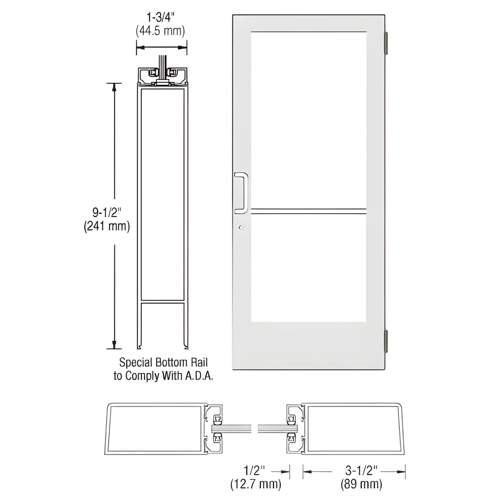 SKU DE41552 white medium-stile commercial entrance door, 9-1/2" bottom rail, 3-1/2" stiles, fits 1/4" tempered glass.