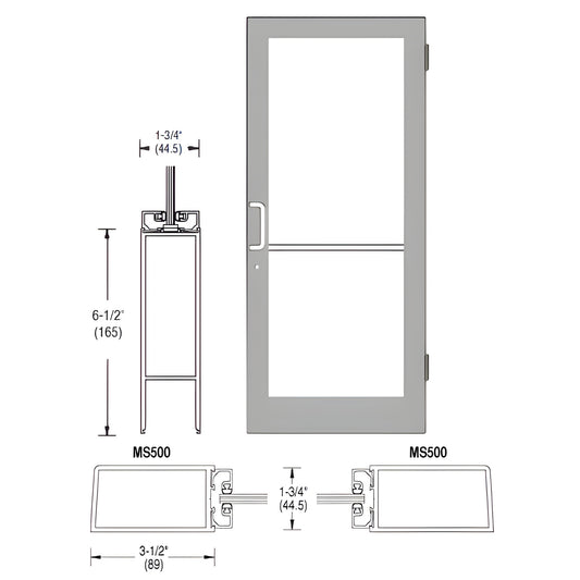 36x84 medium-stile commercial glass door, clear anodized finish, left-latch, includes hinges, lock, cylinder and push-pull ha