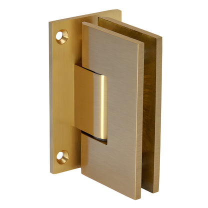 Satin brass Vienna adjustable glass shower hinge, wall mount full back plate (SKU V1E337SB)
