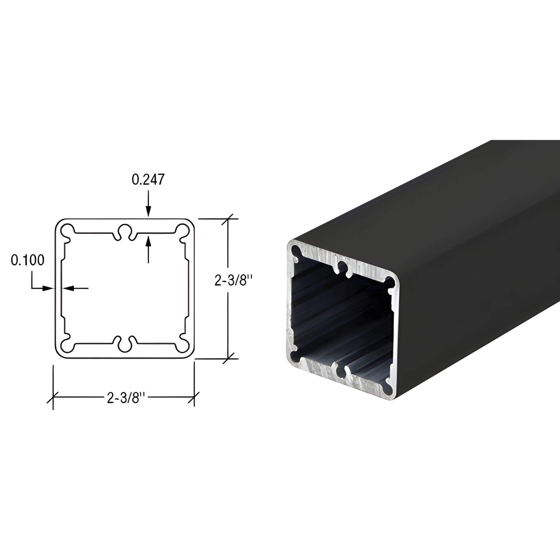 Matte black 2-3/8 in aluminum heavy-duty square post tubing with internal slots - SKU PHD241BL