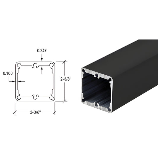 Matte black 2-3/8 in aluminum heavy-duty square post tubing with internal slots - SKU PHD241BL