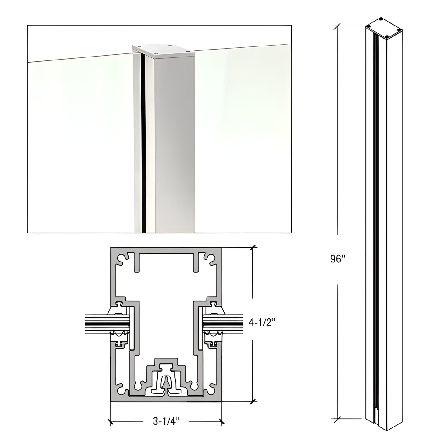 Cielo Post windscreens (SKU C96CKS): silver aluminum glass railing post, 96" high, 3-1/4" front, 4-1/2" deep.