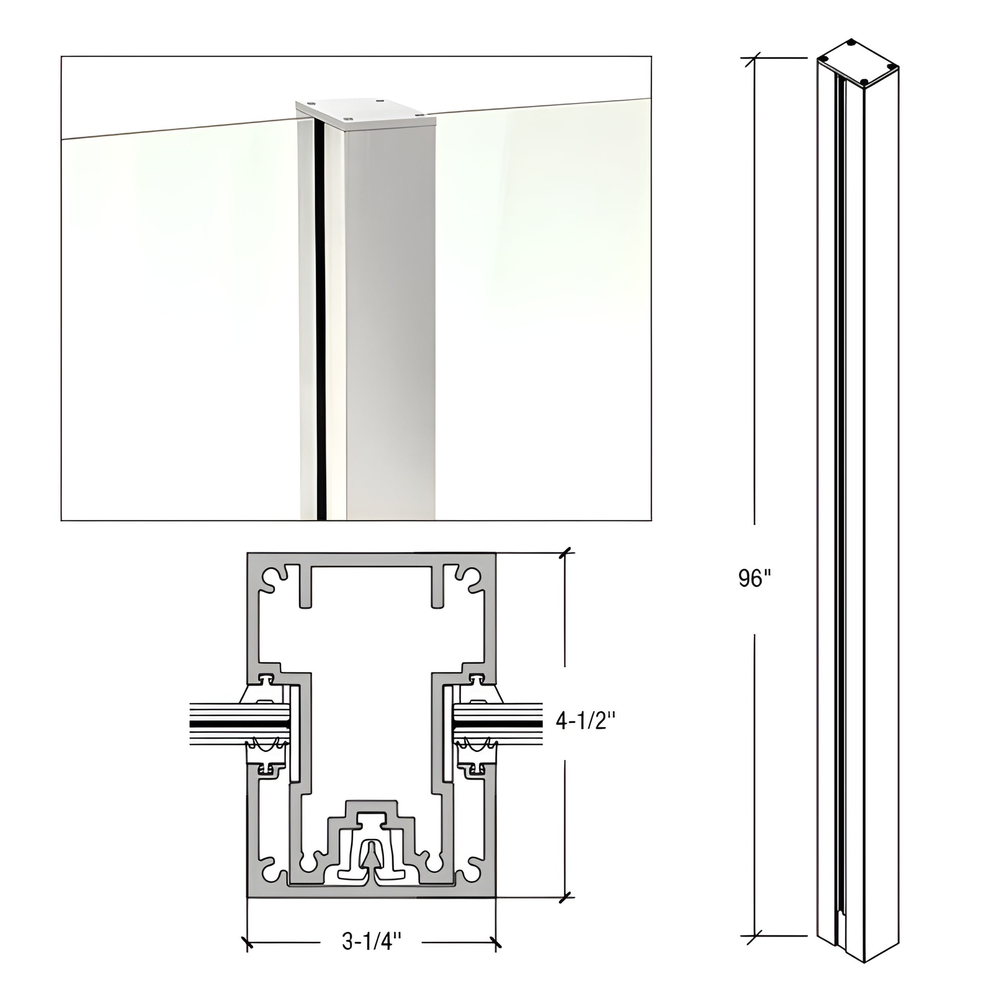 Cielo Post windscreens (SKU C96CKS): silver aluminum glass railing post, 96" high, 3-1/4" front, 4-1/2" deep.
