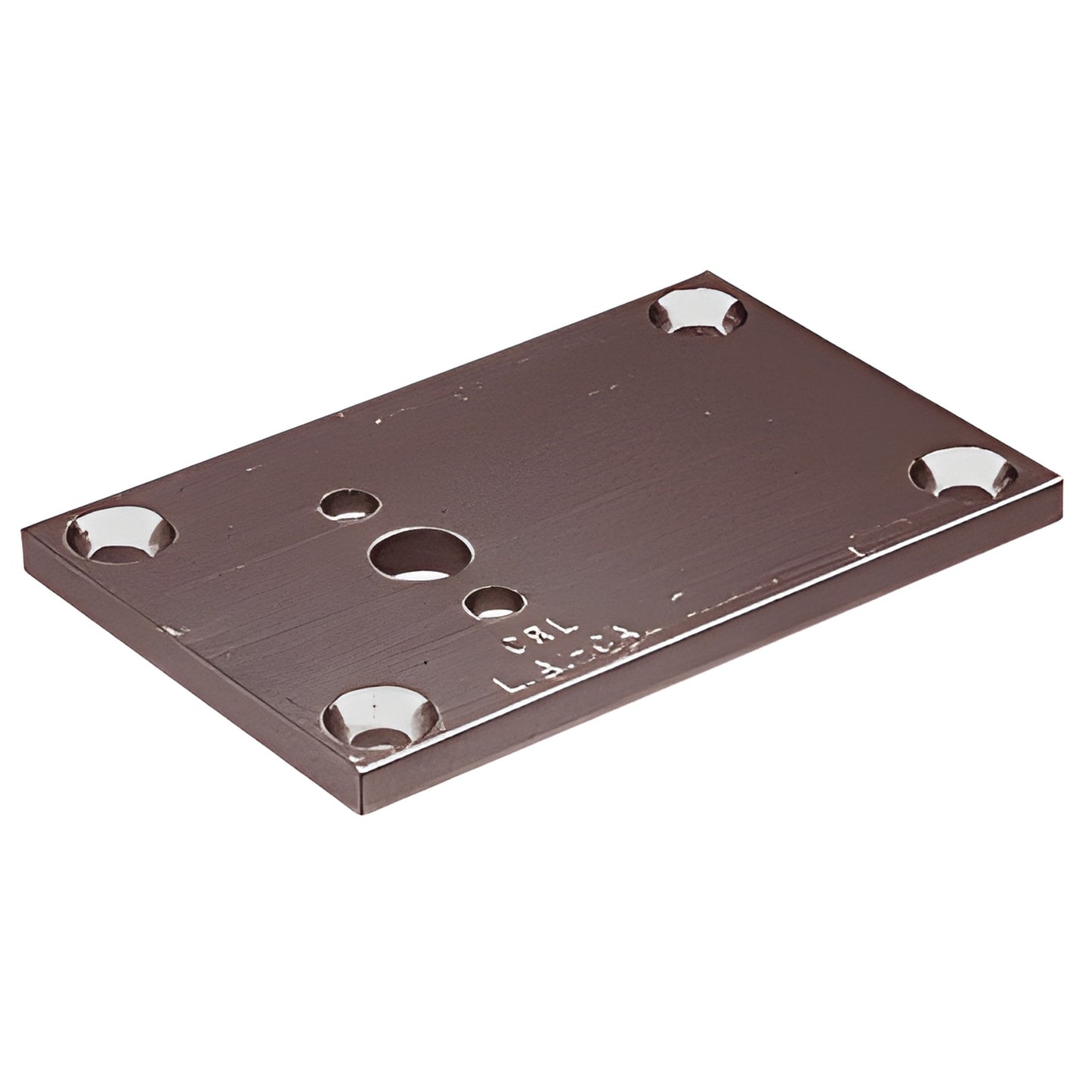 Dark bronze anodized rectangular aluminum base plate 2x3 in with countersunk corner and center mounting holes. SKU D693DU