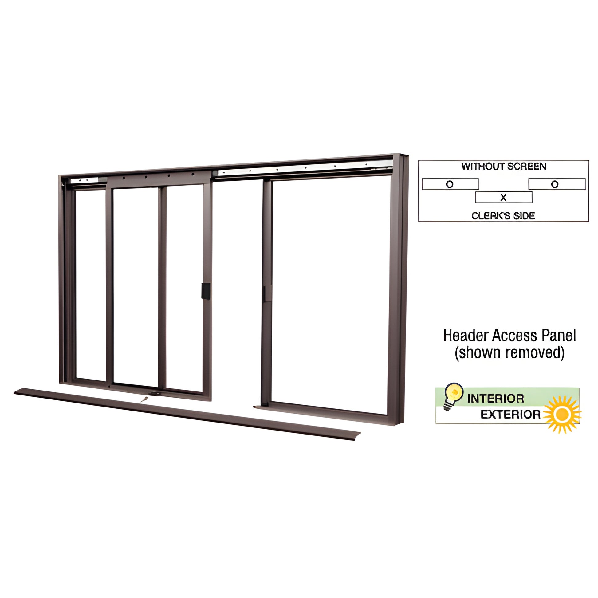 DW2600DU three-panel manual deluxe sliding service window with center sliding panel, bronze anodized frame