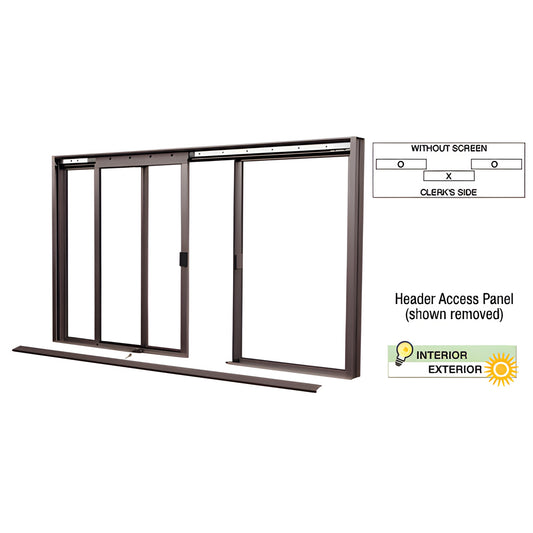 DW2600DU three-panel manual deluxe sliding service window with center sliding panel, bronze anodized frame