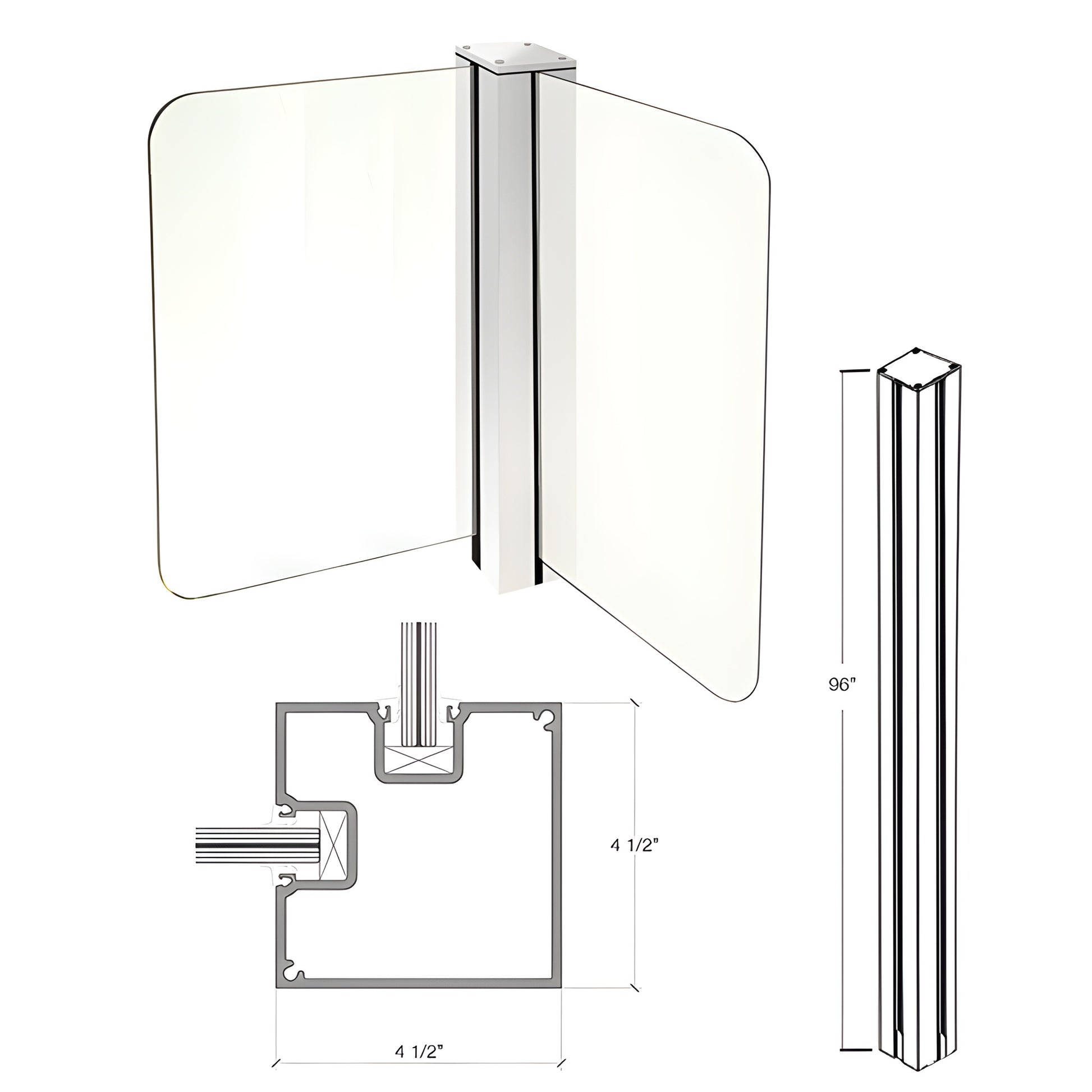 Cielo aluminum windscreen post in metallic silver with two glass panels, 96 in tall, 3-1/4 in trim, 4-1/2 in depth