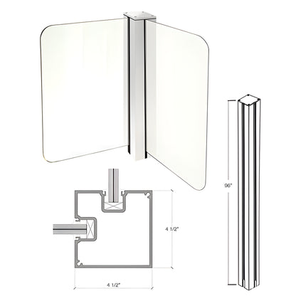 Cielo aluminum windscreen post in metallic silver with two glass panels, 96 in tall, 3-1/4 in trim, 4-1/2 in depth