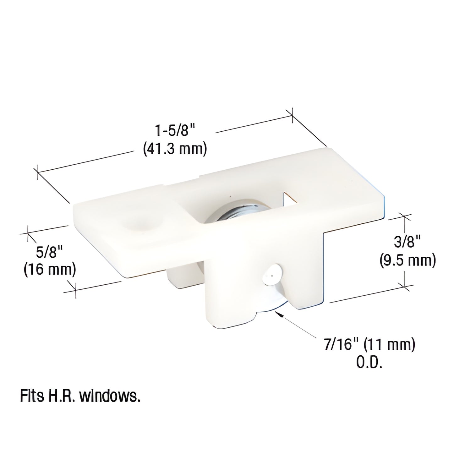 CRL window roller assembly G3147 - white nylon housing, 7/16" steel concave roller, 1-5/8" 5/8" 3/8", fits H.R. windows