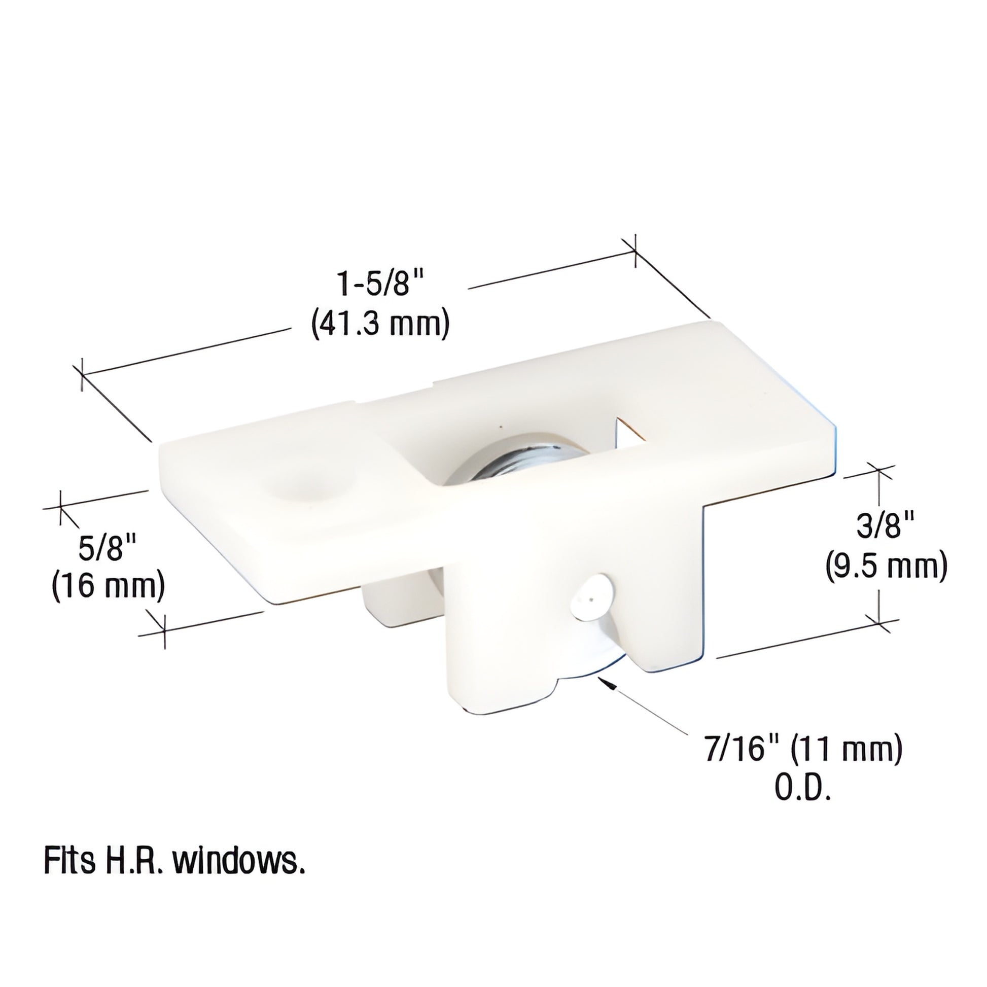 CRL window roller assembly G3147 - white nylon housing, 7/16" steel concave roller, 1-5/8" 5/8" 3/8", fits H.R. windows
