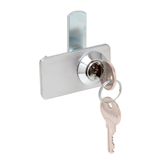 Polished chrome double-door cam lock (SKU 0916CHKA) for 5-6mm glass with overlapping lip, shown with keys.