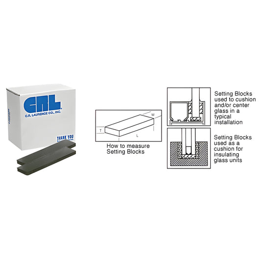 CRL SB582 black neoprene glass setting blocks, 2" x 7/8" x 3/16", shown with box and installation diagrams.