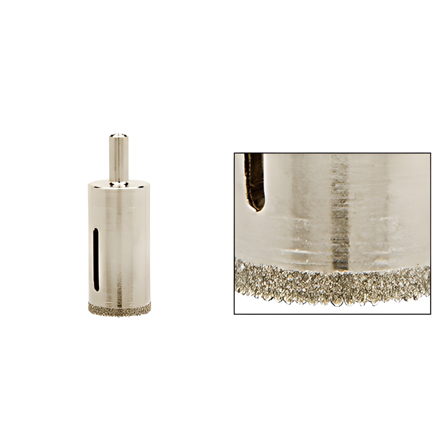 AG1 diamond plated steel 1" glass drill bit with reduced 3/8" shank, sawtooth cutting rim, plus edge close-up.