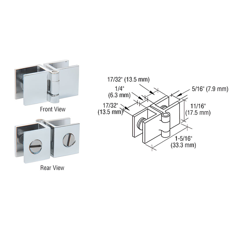 EH196 small polished chrome glass-to-glass out-swing set-screw hinge, front/rear views and technical dimension diagram.
