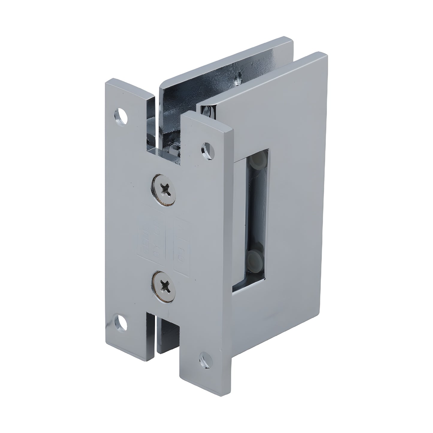 GENH037CH polished chrome square-profile H wall-mount hinge for frameless glass doors, brass, self-centering