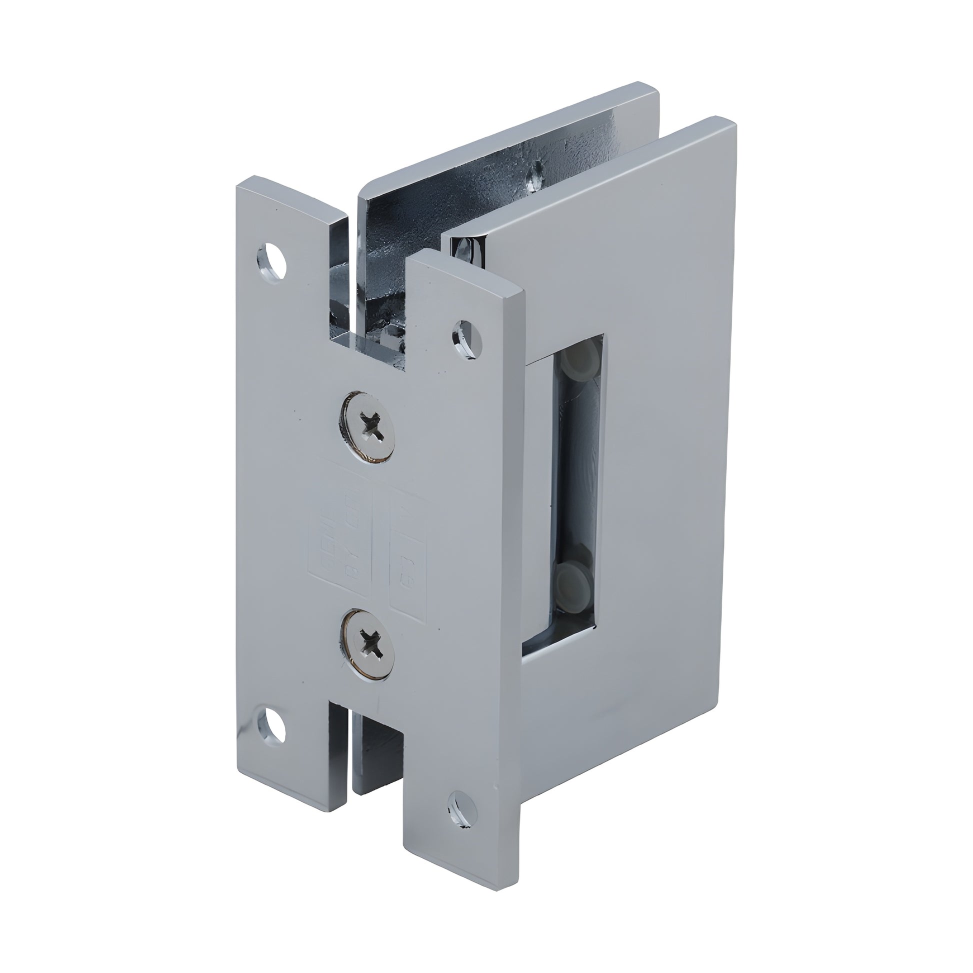 GENH037CH polished chrome square-profile H wall-mount hinge for frameless glass doors, brass, self-centering
