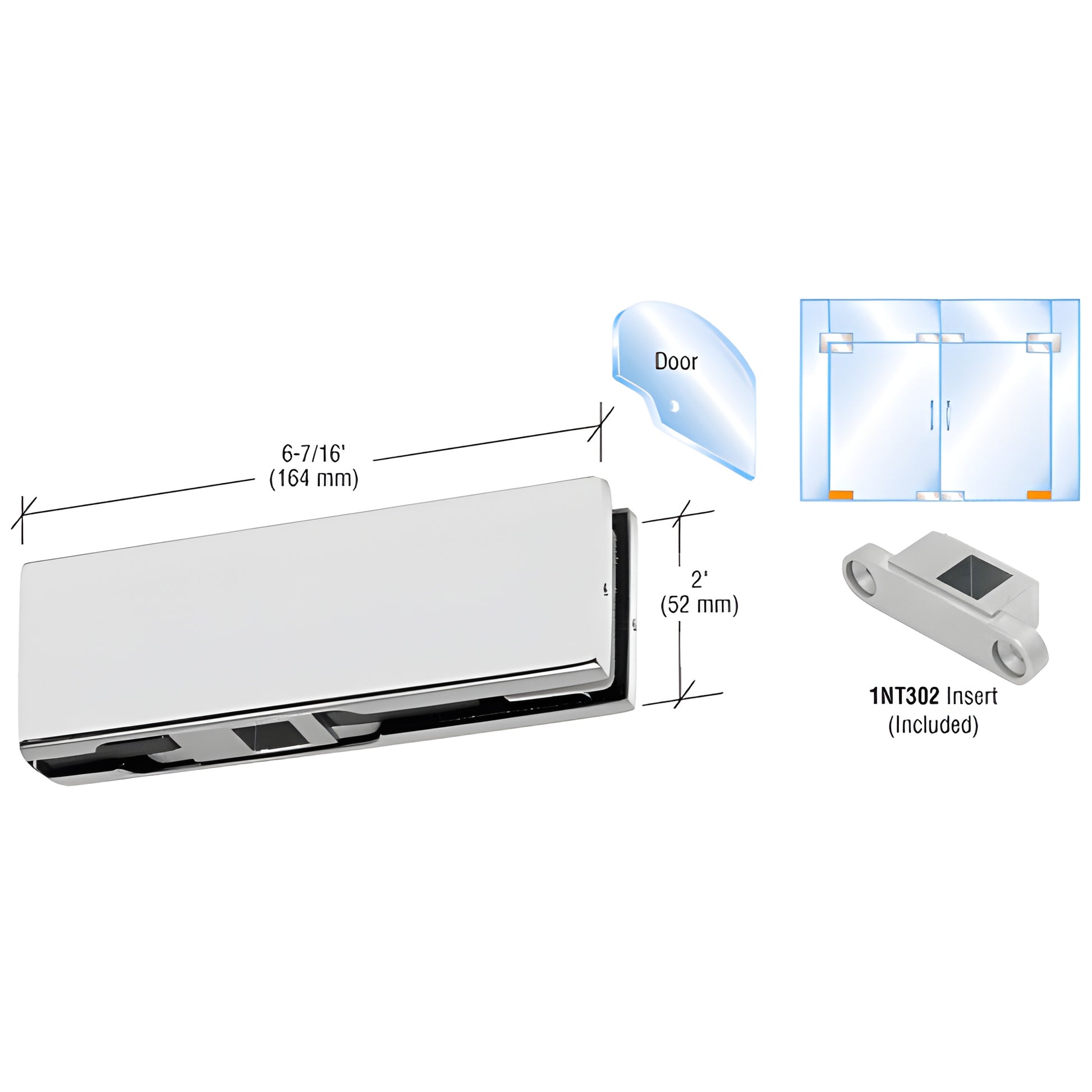 Satin anodized CRL bottom door patch fitting PH10DA, 6-7/16" x 2", for 3/8-1/2" glass, includes 1NT302 insert.