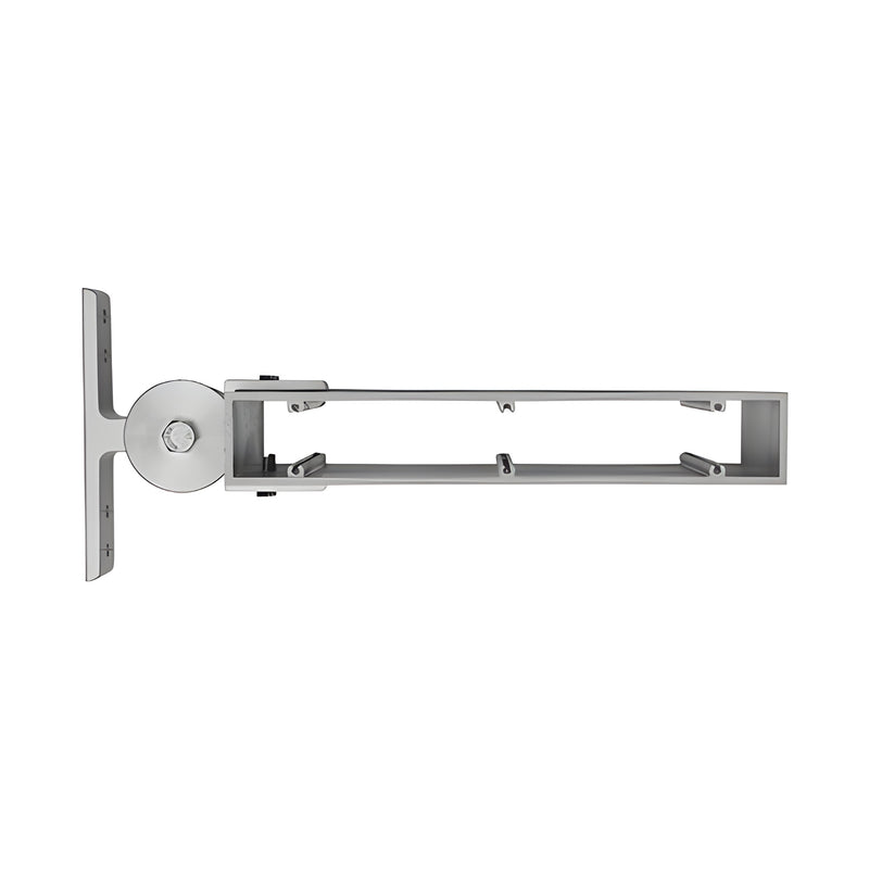 A side view of a 2 inch by 12 inch rectangular single adjustable mounting bracket with a mill finish.
