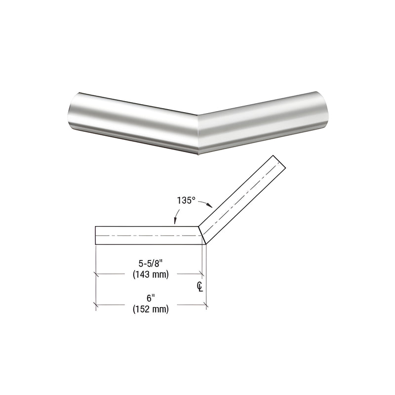 A polished stainless steel 135-degree corner fitting for 1-1/4 inch schedule 40 pipe shown with a technical dimension diagram.