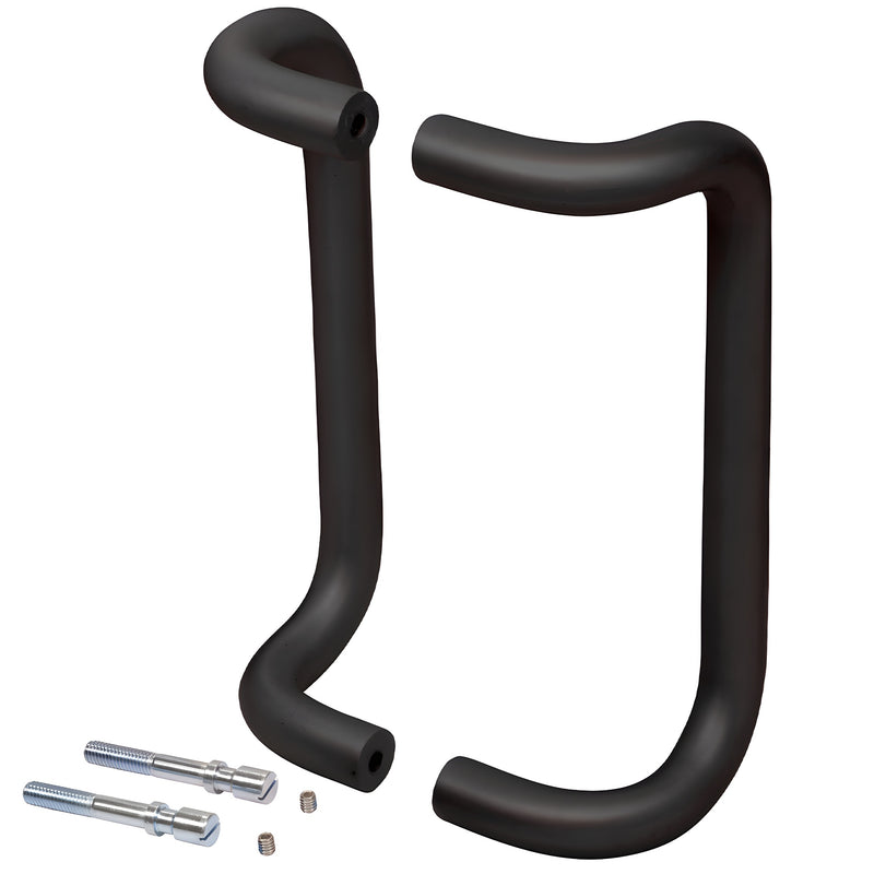 A pair of dark bronze aluminum offset pull handles shown with back-to-back mounting hardware.