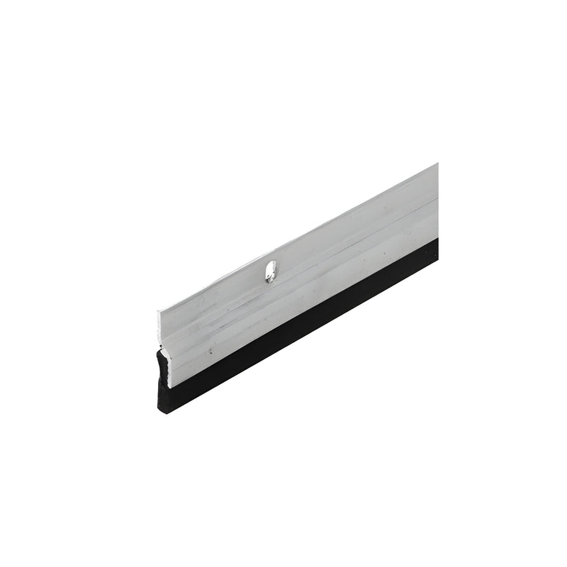 A close-up view of a mill aluminum door sweep featuring a black sponge neoprene weatherseal strip.