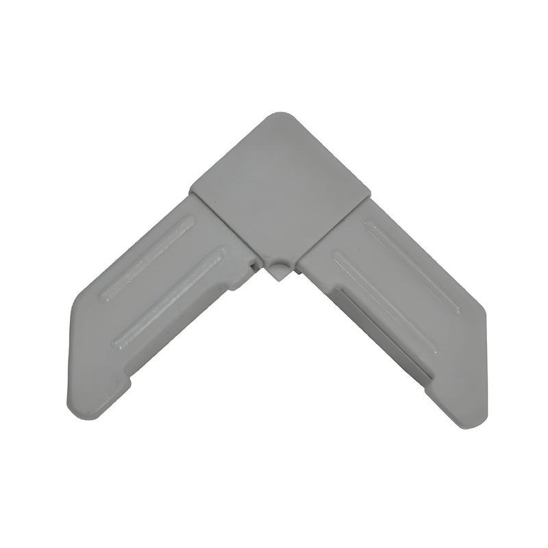 A gray plastic square corner connector designed for 3/4 inch by 7/16 inch screen frame profiles.