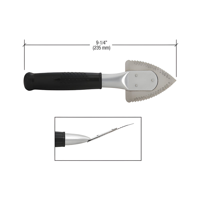 The CRL Hyde Window Zipper Deglazing Tool features a black tubular handle and a triangular stainless steel blade with a serrated edge.