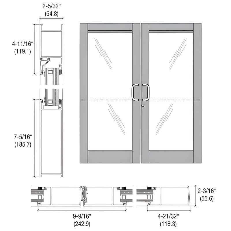 Technical drawing showing the elevation and cross-section profiles of a pair of Series 604 blast resistant aluminum entrance doors.