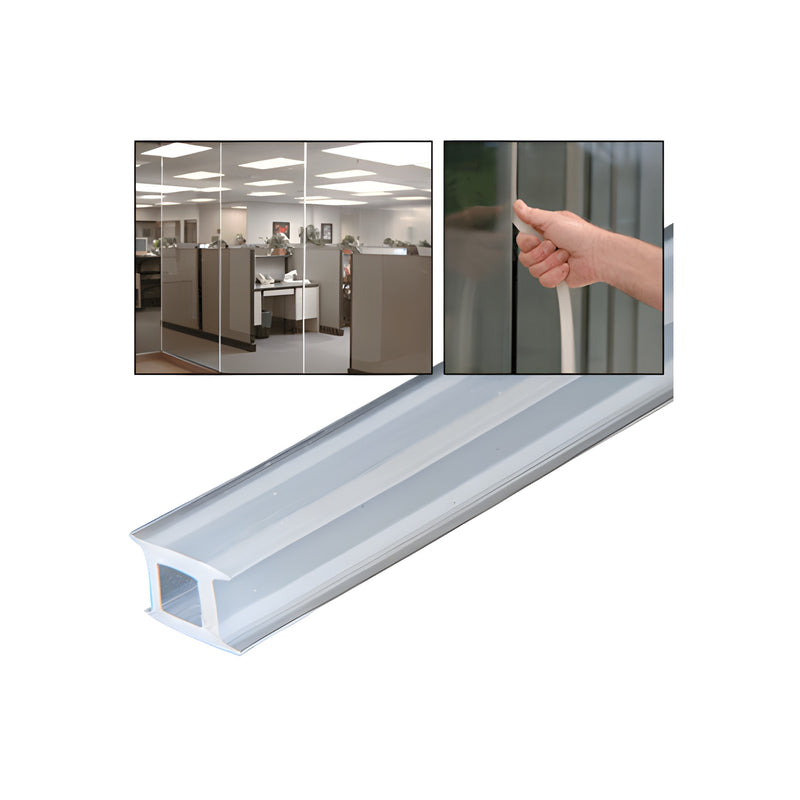 A close-up of the clear extruded silicone gasket profile alongside images showing its application in glass-to-glass office partitions.