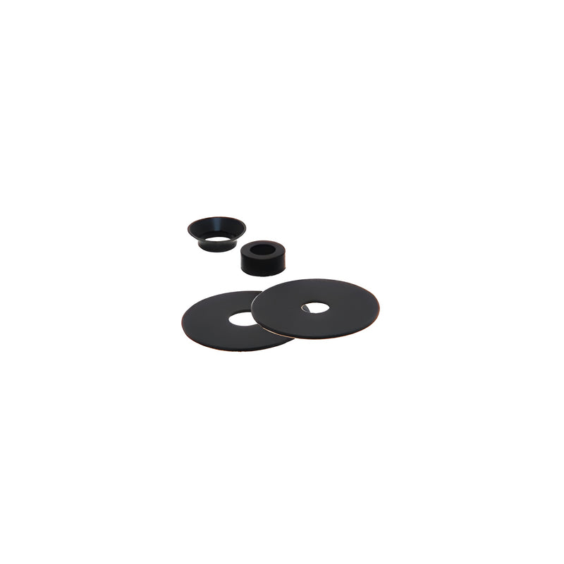 A set of black rubber gaskets and washers designed for rigid glass attachment hardware.