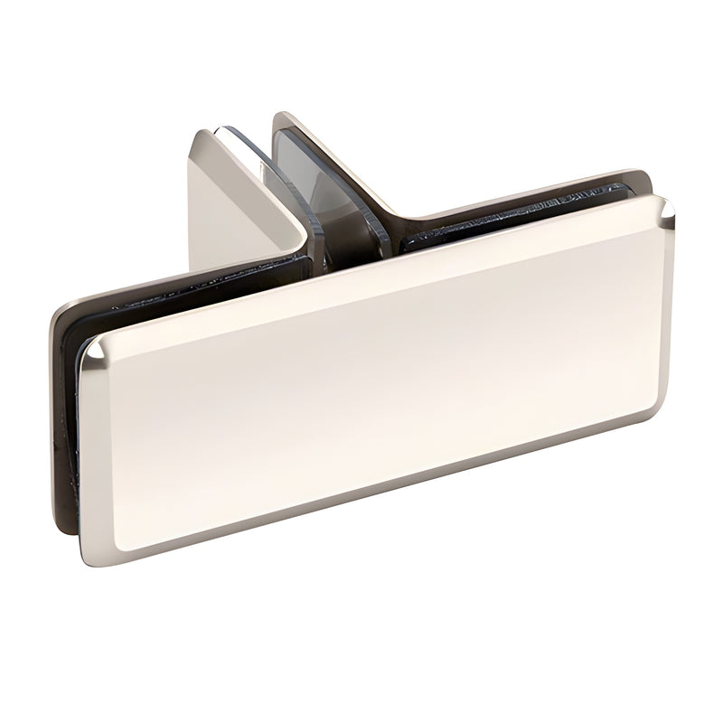 A polished nickel beveled 90-degree T-junction glass-to-glass clamp made of brass.